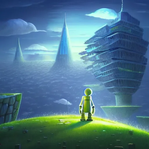 Image similar to gediminas pranckevicius an adventurous boy ( facing the camera ) and his small robot friend, futuristic city backgrond, eleborate composition with foreground and background, depth of field, fantasy illustration by kyoto studio, don bluth!!!, square enix, cinematic lighting