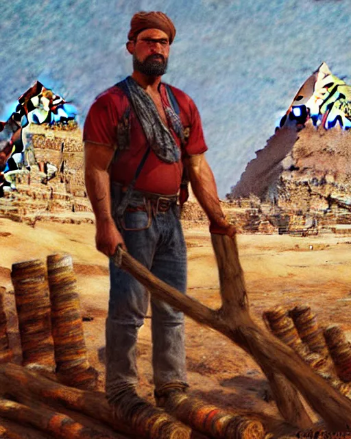 Prompt: detailed painting of an american lumberjack in front of the gizeh pyramids of egypt, greg rutkowski, magali villeneuve and monet