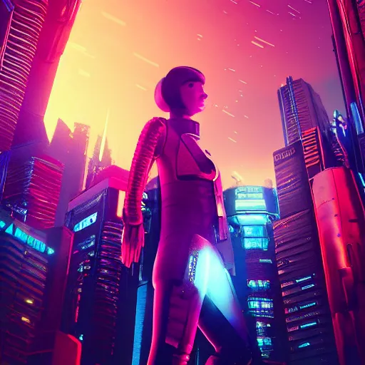 Image similar to professional photo of astronaut from low angle shot with cyberpunk city on background, synthwave, blade runner, hyperrealistic masterpiece, trending on artstation, cgsociety, kodakchrome, golden ratio, cinematic, composition, beautiful lighting, hyper detailed, sharp focus, octane render, 4 k, unreal engine