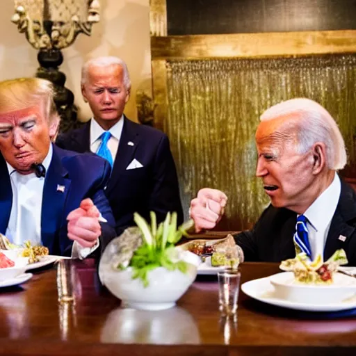 Image similar to Trump and Biden having dinner at a fancy Balinese restaurant, award winning photography, 85mm, perfect faces