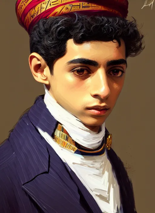 Image similar to a portrait of an egyptian boy with a crooked nose in victorian clothing, confident pose, intricate, elegant, sharp focus, illustration, highly detailed, concept art, matte, trending on artstation, anime, art by james jean and artgerm and brian despain and alberto mielgo, greg rutkowski, wlop, ilya kuvshinov, strong strokes