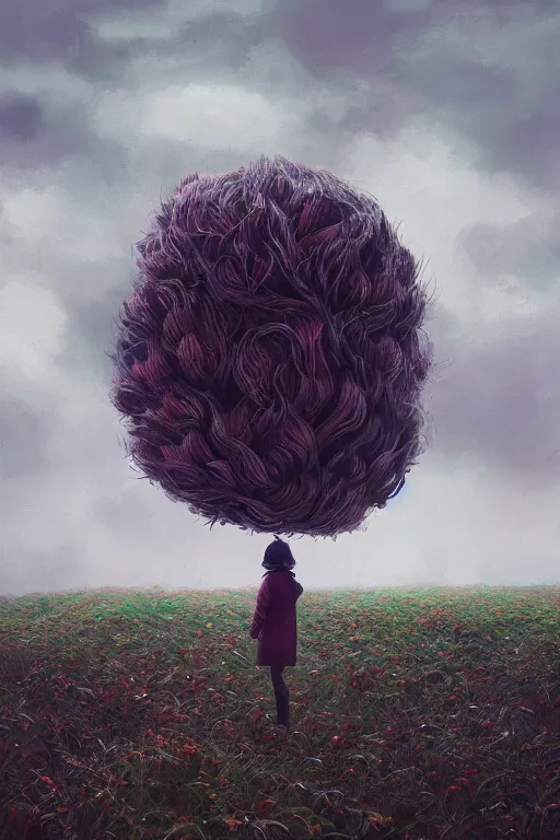 Image similar to portrait, giant flower head, a girl with coat between hedges, surreal photography, wind and cold, dramatic sky, impressionist painting, digital painting, artstation, simon stalenhag