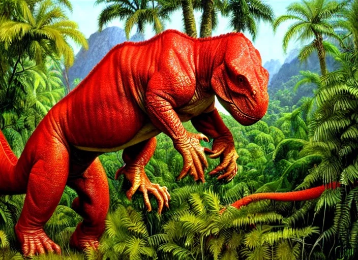 Image similar to red dinosaur in a lush jungle, oil painting, james gurney, highly detailed, golden hour