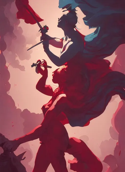 Prompt: the bloody french revolution, in the style of artgerm, gerald brom, atey ghailan and mike mignola, vibrant colors and hard shadows and strong rim light, plain background, comic cover art, trending on artstation