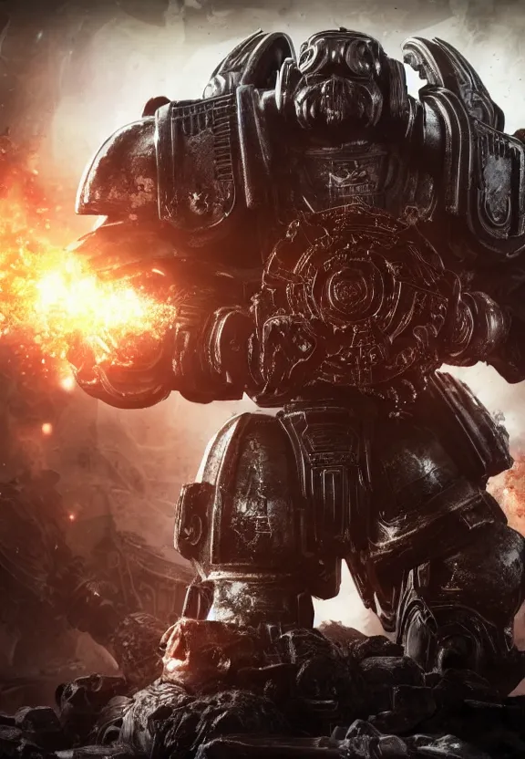 Image similar to Portrait of donald trump as the emperor of humanity from warhammer 40k in Gears of War, splash art, movie still, cinematic lighting, dramatic, octane render, long lens, shallow depth of field, bokeh, anamorphic lens flare, 8k, hyper detailed, 35mm film grain