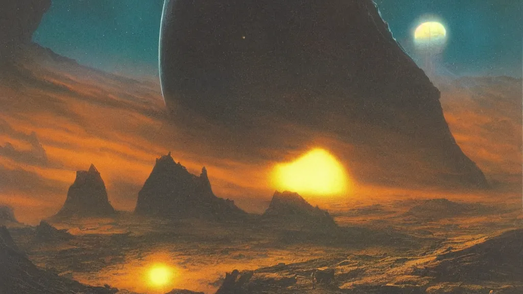 Image similar to eerie atmospheric alien planet by angus mckie and bob eggleton and chris moore, epic cinematic matte painting