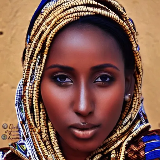 Image similar to brown skinned east african woman, somali attire, impressionist, figurative, intricate details, beautiful woman, dreamy, fashionable, somali fashion