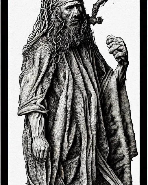 Image similar to a desert druid wearing bandages all over his body, full body, hyper realism, fine details, deviantart artstation, extremely detailed, black and white, very sharp, in the style of albrecht durer, etching,