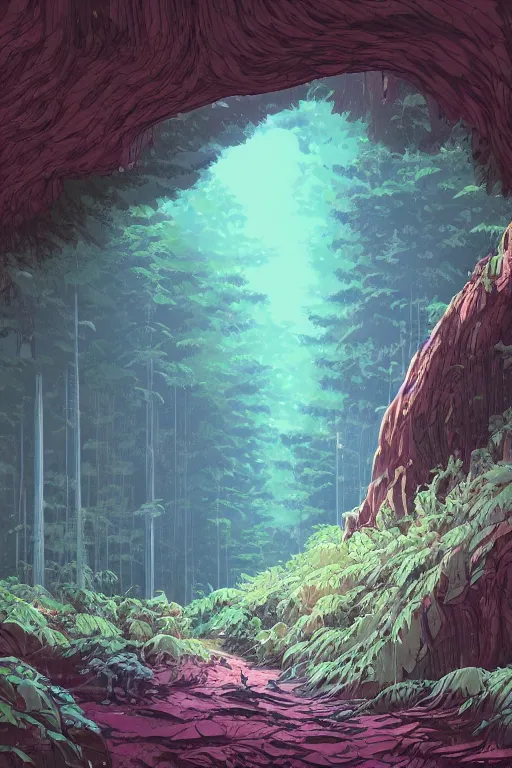 Image similar to concept art painting of a forest in a cave, artgerm, moebius, inio asano, toon shading, cel shading, calm, tranquil, vaporwave colors,