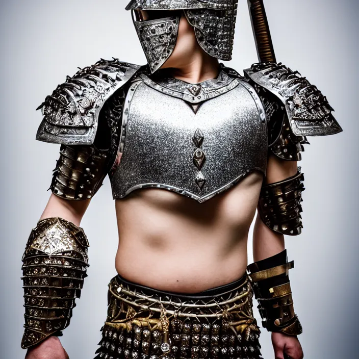 Prompt: professional full length photograph of a beautiful warrior with diamond encrusted armour. Extremely detailed. 8k