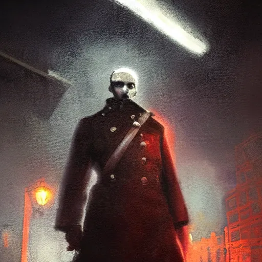 Image similar to gloomy scary soviet policeman, fog, darkness, evil, magic the gathering artwork, D&D, fantasy, cinematic lighting, centered, symmetrical, highly detailed, digital painting, artstation, concept art, smooth, sharp focus, illustration, volumetric lighting, epic Composition, 8k, art by Akihiko Yoshida and Greg Rutkowski and Craig Mullins, oil painting, cgsociety