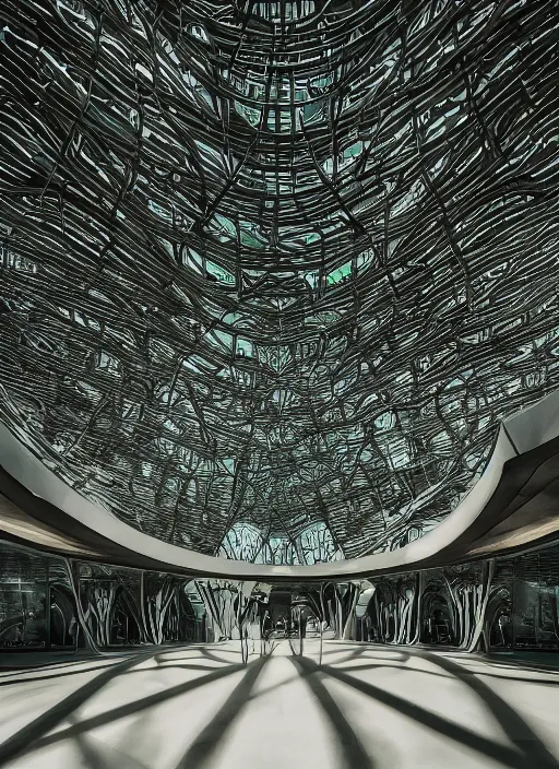 Image similar to a photo of a futuristic biomimicry oasis interior + the interior is elegant and made of a biomimicry nature with ornate patterns + photo taken on a misty morning + architectural photography, 8K, photorealistic