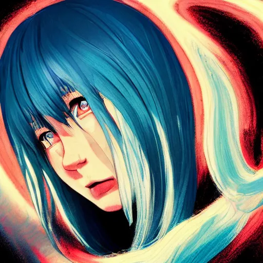 Prompt: water dripping on rimuru tempest, heavenly ripples, sky blue straight hair, bangs, with amber eyes, black jacket, high collar, ultra detailed, euphoric, masterpiece, digital painting, psychedelic, cinematic, wlop, pixiv, swirly, ilya kuvshinov, andy warhol