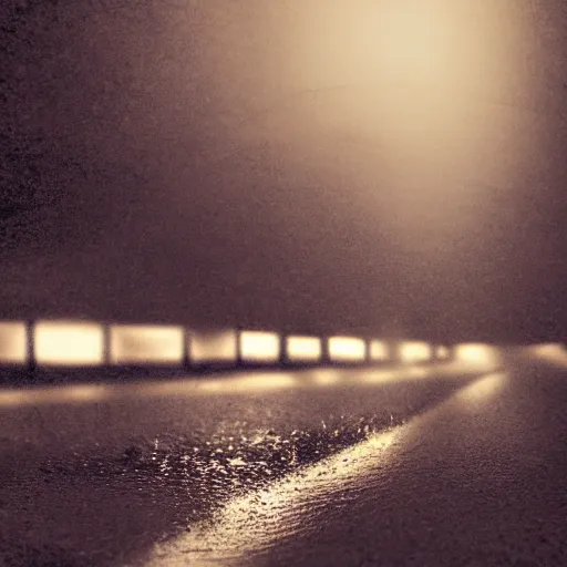 Prompt: dimly lit road at night after rain that leads to a small cozy beach, desaturated, photorealistic, beautiful, sharp, highly detailed, artstation, pixvy