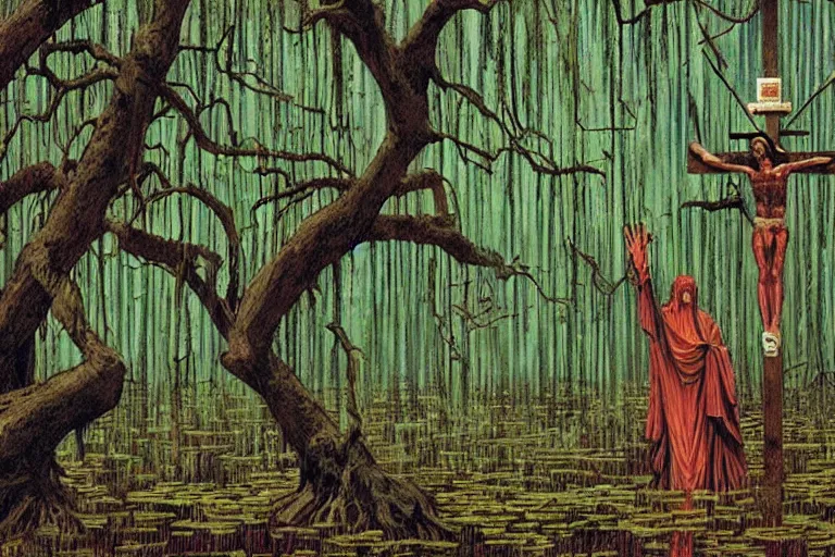 Image similar to scene from louisiana swamps, secret voodoo cult, crucifixion on a tree, artwork by jean giraud