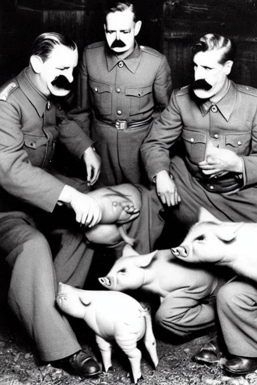 Image similar to piglets with stalin moustaches historical photo in color