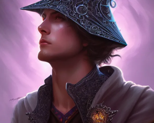 Image similar to a mind - blowing portrait of a young shadow mage male, wearing a vest with diamond pattern, wearing a wizard hat, joyful, d & d, fantasy, intricate, elegant, highly detailed, digital painting, artstation, concept art, matte, sharp, illustration, hearthstone, art by artgerm and greg rutkowski and alphonse mucha