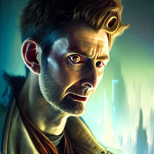 Image similar to portrait painting of a cyberpunk dwarven mechanic david tennant, ultra realistic, concept art, intricate details, eerie, highly detailed, photorealistic, octane render, 8 k, unreal engine. art by artgerm and greg rutkowski and charlie bowater and magali villeneuve and alphonse mucha