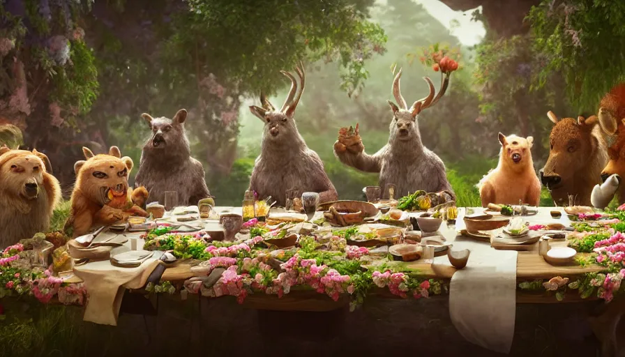 Image similar to a table dinner of animals where animals are dressed like the characters from the midsommar movie wearing flowers, realistic detailed digital art by maxwell boas jessica rossier christian dimitrov anton fadeev trending on artstation cgsociety rendered in unreal engine 4 k hq