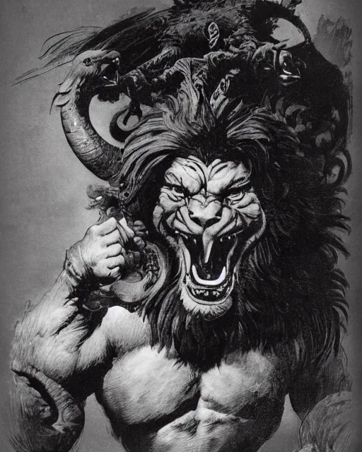 Prompt: a happy creature with the body and eyes of a man, with the beak of an eagle, with the mane of a lion, with the horn of an ox. drawn by frank frazetta