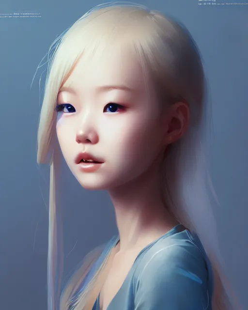 Image similar to Incredibly cute korean girl, blonde hair, blue eyes by Nuri iyem, James gurney, James Jean, Greg Rutkowski, highly detailed, trending on artstation, artstationHD, artstationHQ, 4k, 8k