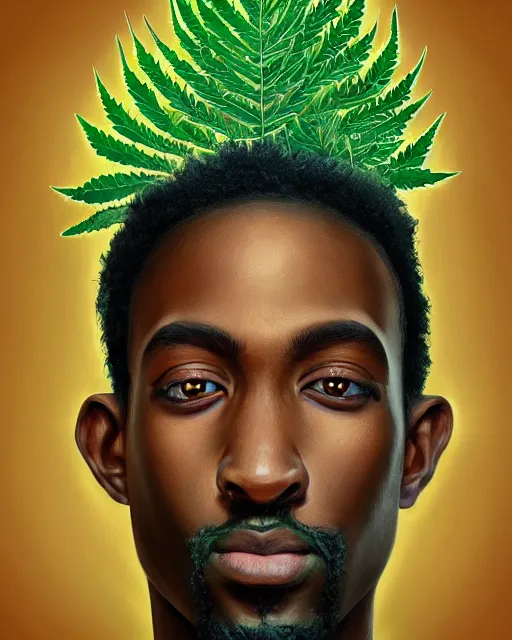 Prompt: a realistic and hyper detailed symmetrical portrait painting of a relaxed male face and green ganja leaves, his eyes are radiating blue energy, by procreate, featured on ArtStation