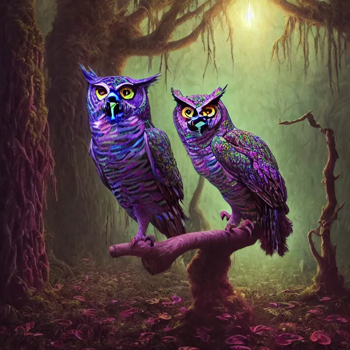 Image similar to psychedelic owl in haunted swamp, highly detailed, d & d, fantasy, highly detailed, digital painting, trending on artstation, concept art, sharp focus, illustration, oil on canvas, global illumination, ray tracing, realistic shaded, art by artgerm and greg rutkowski and fuji choko and viktoria gavrilenko and hoang lap