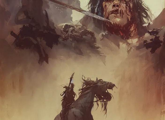 Image similar to conan the barbarian, intricate, elegant, highly detailed, vivid colors, john park, frazetta, sparth, ruan jia, jeffrey catherine jones