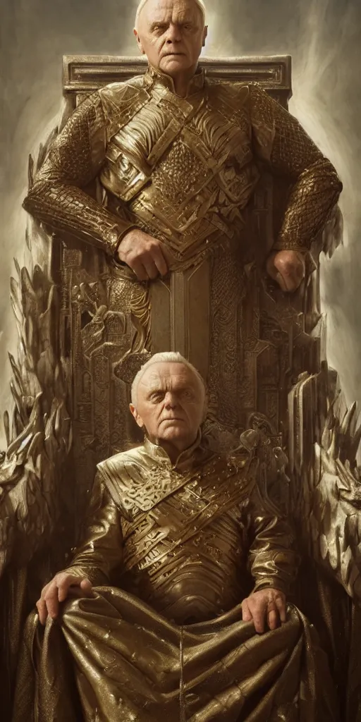 Prompt: anthony hopkins, majestic king on a throne, dungeons and dragons, fame of thrones masterpiece by edgar maxence and ross tran and michael whelan, gustav dore, 8 k, octane render