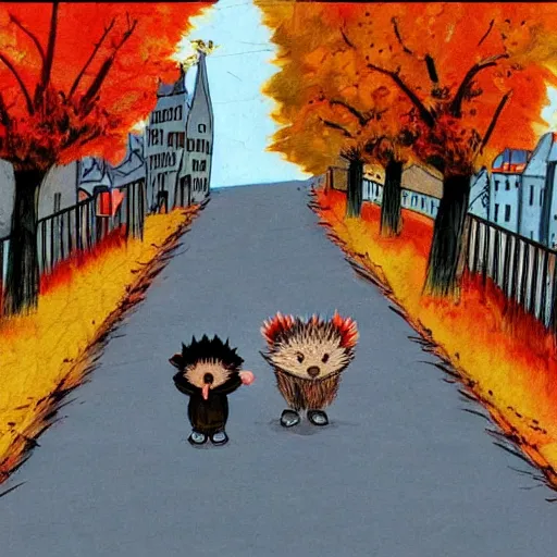 Image similar to 2 hedgehogs walking across the street next to eachother in Bruges, Belgium, in the style of shinji aramaki, autumn, evening, romantic