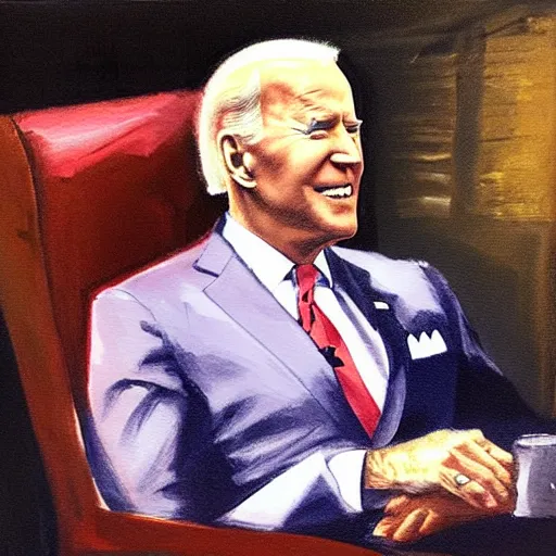 Image similar to evil joe biden on a dark throne, traditional painting