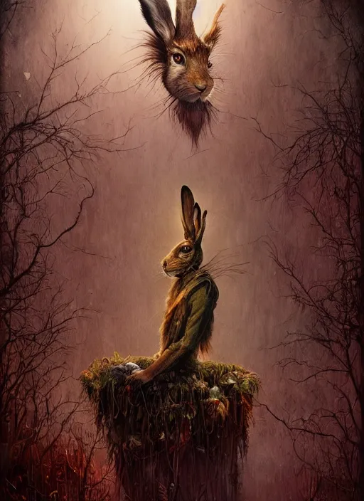 Image similar to the march hare, highly detailed, cinematic, 8 k, by megan duncanson, benjamin lacombe, adrian borda, stanley artgermm, tom bagshaw, craig mullins, carne griffiths, ayami kojima, beksinski, giger, trending on deviantart, hyper detailed, horror, full of colour