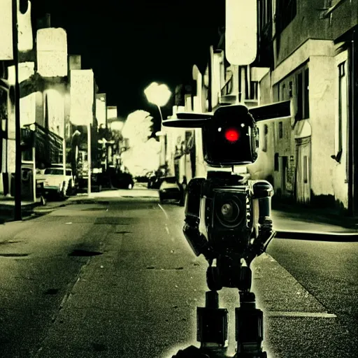 Image similar to giant robot at night, humanoid, eyes, historical photo, grainy, vintage, stark light, dramatic lighting, evil smile, street at night, cars in the background, trash on the ground, night sky, scary, evil