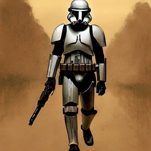 Prompt: extremely long shot of an imperial stormtrooper walking, concept art by Doug Chiang cinematic, realistic painting, high definition, concept art, the Mandalorian concept art style