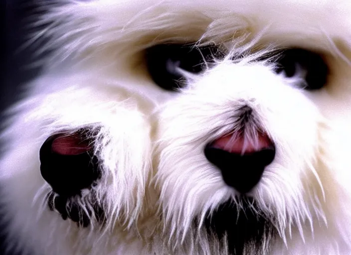 Prompt: realistic photo of a face of very beautiful girl white fluffy hairy fur face, symmetrical, skin is made of white fluffy hairs, eyes made of snowflakes, close up 1 9 9 0, life magazine reportage photo, natural colors