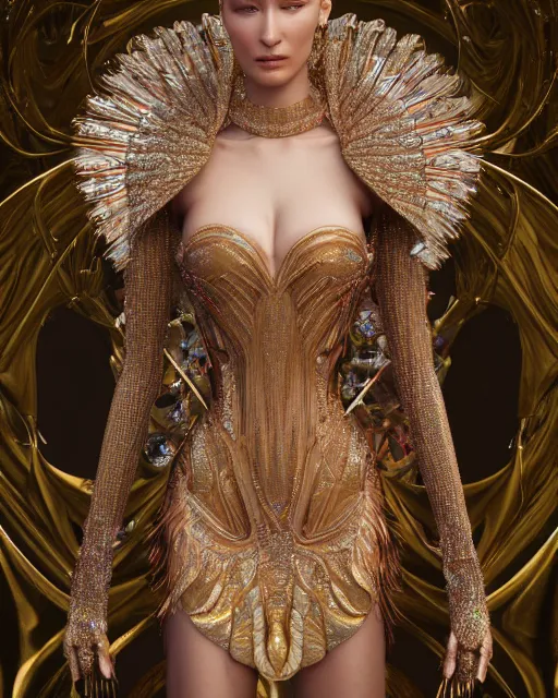 Image similar to a highly detailed metahuman 4 k close up render of bella hadid renaissance in iris van herpen dress schiaparelli in diamonds crystals swarovski and jewelry iridescent in style of alphonse mucha gustav klimt trending on artstation made in unreal engine 4