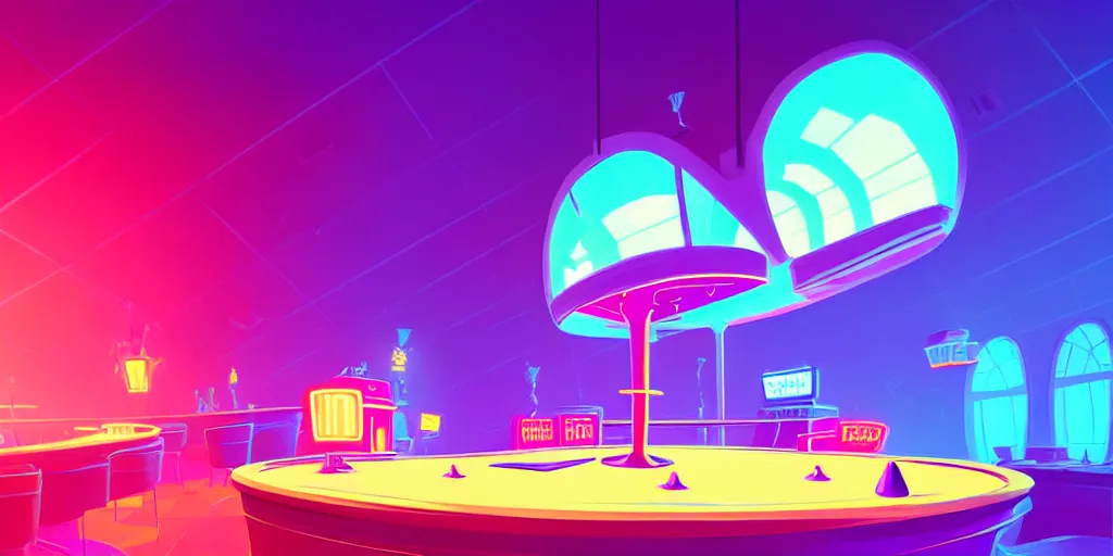 Prompt: minimalistic extreme wide angle curved perspective digital art of cotton candy indoor casino with a stage pale colors by anton fadeev from nightmare before christmas