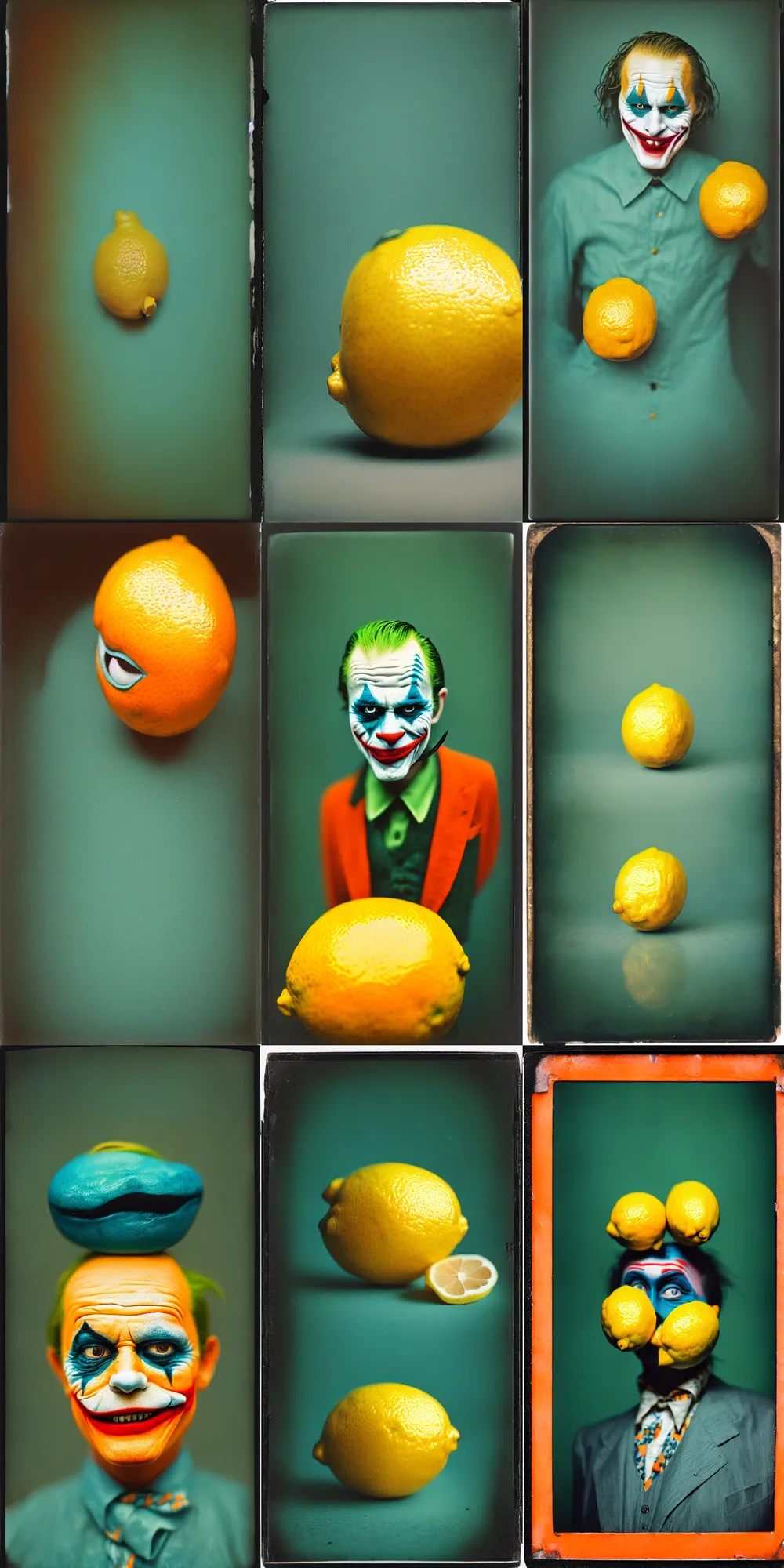 Image similar to kodak portra 4 0 0, wetplate, 8 k, shot of a highly detailed, britt marling style, colour still - life portrait of a lemon looks like 1 9 9 9 joker, teal and orange, muted coloures