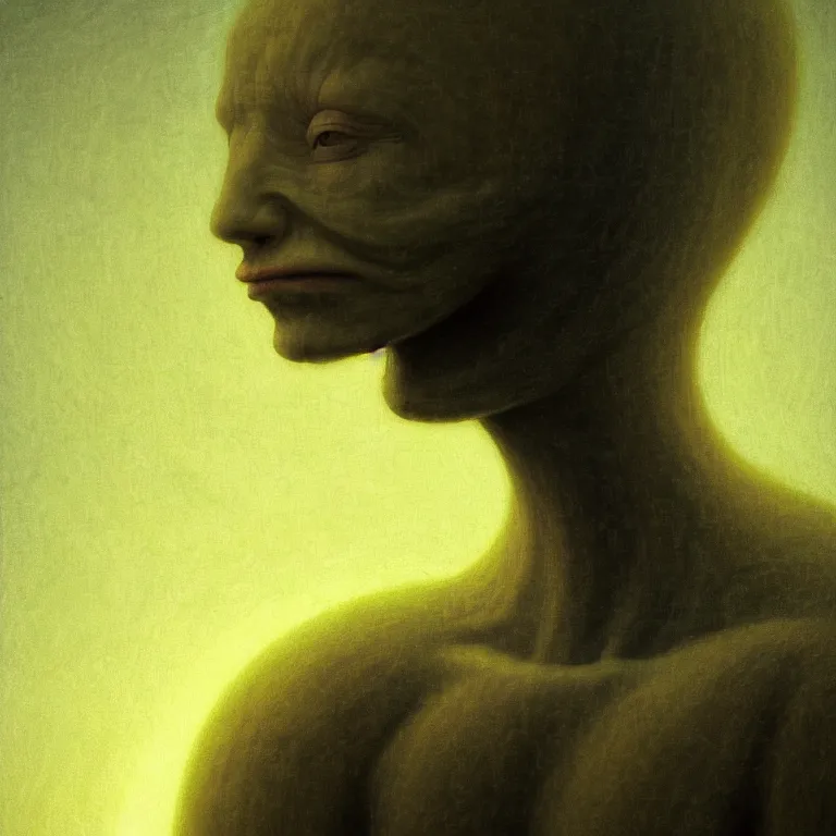 Prompt: portrait of a ribbed alien by hieronymus bosch, wide shot, soft glow bloom lucid dream - like ethereal atmosphere, baroque portrait painting, perfect composition, beautiful intricate detailed octane render trending on artstation, 8 k artistic photography, volumetric cinematic perfect light, chiaroscuro, masterpiece, raphael, caravaggio, rutkowski, beeple, beksinski