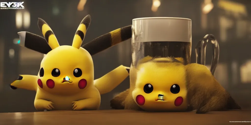 Image similar to a realistic Pikachu drinking beer, digital art, wide shot, highly detailed, hyperrealistic, photorealistic, unreal engine 5, very detailed, made by a professional 3d artist, dynamic lighting, trending on artstation, 4k uhd, epic composition, masterpiece
