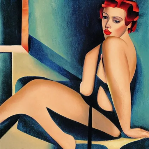 Image similar to Scarlett Johansson bathing, full body, in the style of Tamara de Lempicka