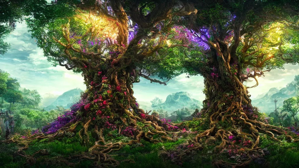 Prompt: fantasy tree of life in garden of eden, hd, hdr, cinematic 4k wallpaper, 8k, ultra detailed, high resolution, artstation