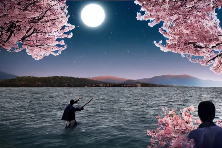 Prompt: solitary moonlight samurai duel featuring enrico letta vs matteo salvini, moonlight lake, starry sky and dark cherry blossoms falling