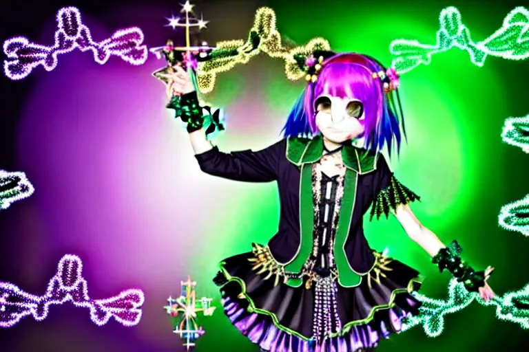 Image similar to baroque bedazzled gothic royalty frames surrounding a hologram of decora styled green haired yotsuba koiwai wearing a gothic spiked jacket, background full of lucky clovers, crosses, and shinning stars, holography, irridescent