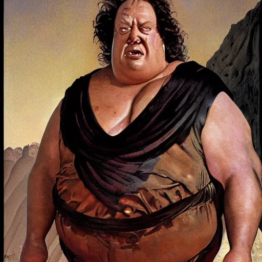 Prompt: dynamic upper body portrait of wrestler giant haystacks as baron harkonnen in 1982 movie dune, by norman rockwell and boris vallejo