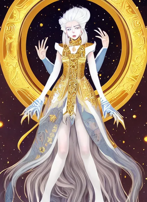 Image similar to commissioned full body portrait of a female anthro werewolf princess fursona with white hair wearing a white and gold Chinese armored dress in a white and gold palace on a starry night with a large crescent moon, by a professional manga illustrator, Stanley Artgerm Lau, WLOP, Rossdraws, James Jean, Andrei Riabovitchev, Marc Simonetti, and Sakimichan, trending on artstation