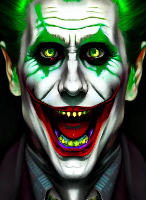 Image similar to portrait of jared leto as the joker, green hair, intricate, elegant, glowing lights, highly detailed, digital painting, artstation, concept art, sharp focus, illustration, art by wlop, mars ravelo and greg rutkowski