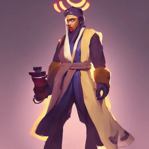 Prompt: a magic mechanic wearing a robe and a scarf. overwatch character, concept art, character design, artstation trending, by rossdraws, wlop, greg rutkowski, greg manchess