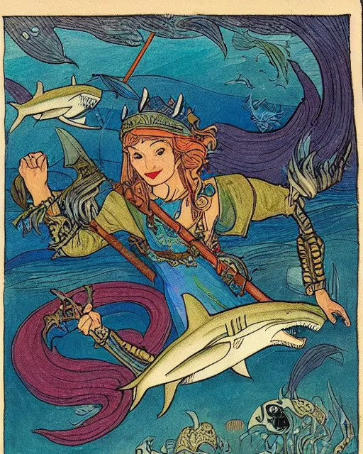 Prompt: a shark pirate queen with iridescent coloring and holding melee weapons by ivan bilibin