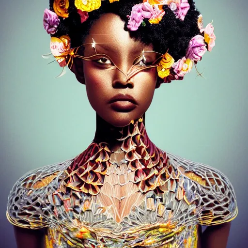 Prompt: the portrait of the absurdly beautiful, graceful, elegant, gorgeous, sophisticated black model goddess made of petals, an ultrafine hyperdetailed photograph by kim jung gi, irakli nadar, intricate linework, bright colors, octopath traveler, final fantasy, unreal engine 5 highly rendered, global illumination, radiant light, intricate environment, 8 k